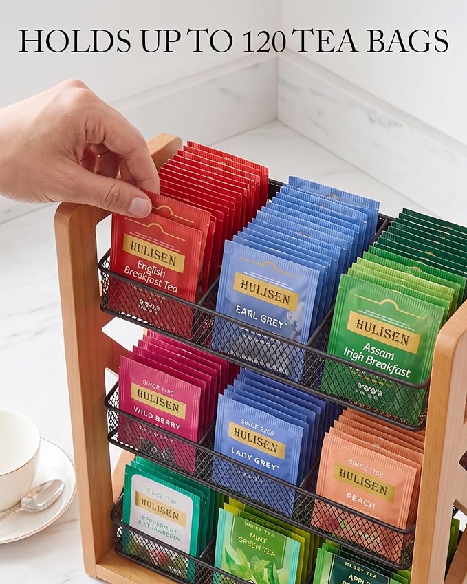 HULISEN 3 Tier Tea Bag Organizer for 120 Tea Bags, Tea Bag Holder with Removable Basket, Wood Stand & Metal Teabag Storage Rack for Coffee Bar Counter Kitchen Cabinet Pantry, Countertop or Wall Mount