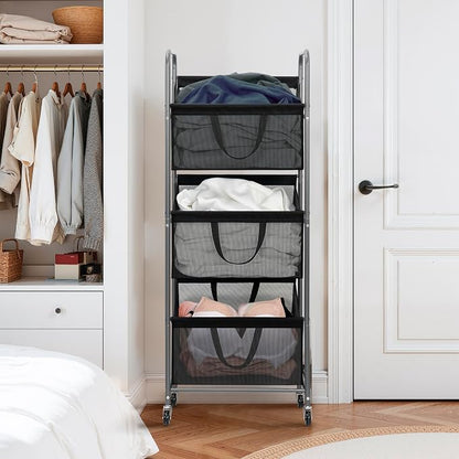 STO STO 3-Tier Vertical Laundry Hamper with Wheels, 120L Rolling Laundry Sorter with 3 Removable Breathable Mesh Bags, Rust-Resistant Steel Frame for Small Spaces, Apartment, Dorm, Black Mesh
