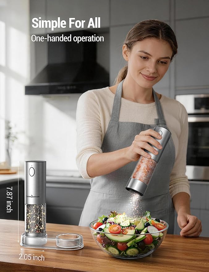 ThermoMaven Electric Salt and Pepper Grinder Set, 110ml Larger Rechargeable Automatic Salt and Pepper Mill Grinder with 6 Adjustable Coarseness, Electric Salt and Pepper Shakers, LED, 2 Packs, Red