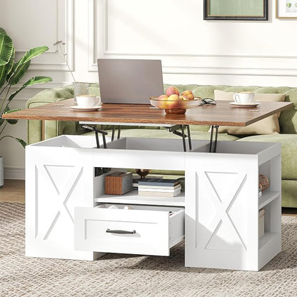 kepptory 39.4'' Lift Top Coffee Table with Storage, 4 in 1 Multi-Function Convertible Coffee Tables for Living Room, Farmhouse Coffee Table with Open Storage Compartment & Drawers (Brown&White)