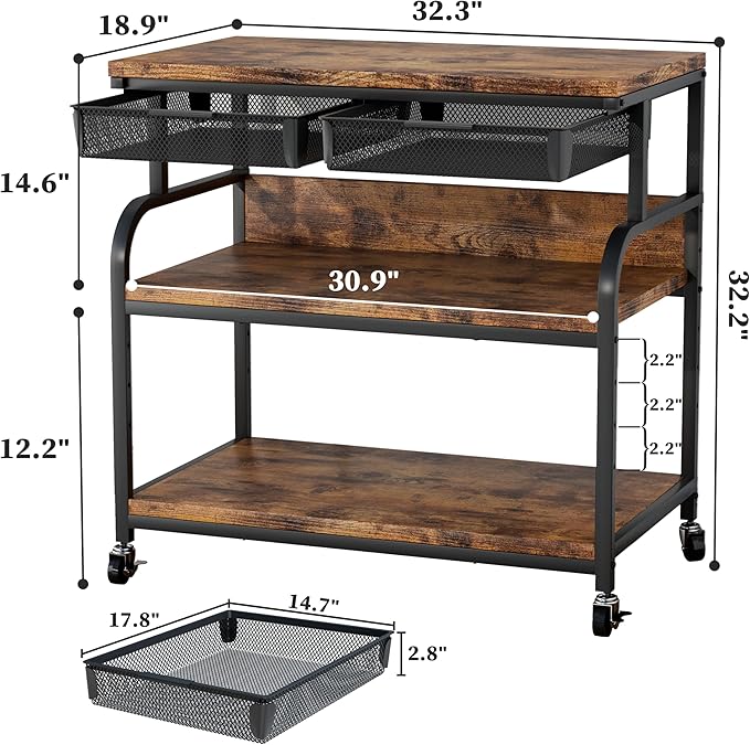 EasyCom 32.3"x18.9" Extra Large Printer Stand with Double Drawers, 5-Adjustable Heights 3 Tier Table with Wheels, Rolling Printer Cart with Storage for Printer Scanner Fax Home Office Use
