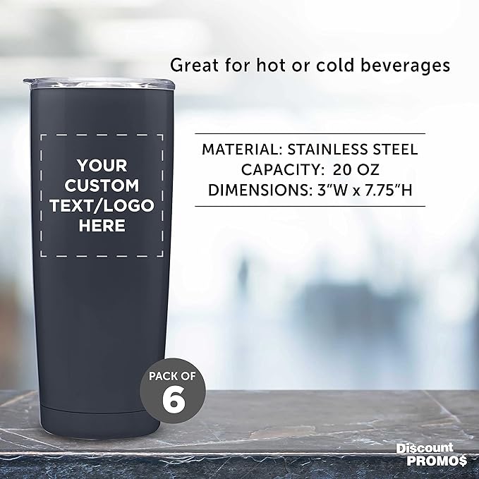 Custom Pipette Stainless Steel Coffee Tumblers 20 oz. Set of 6, Personalized Bulk Pack - Double Wall, Perfect for Coffee, Hot Cocoa, Other Hot & Cold Beverages - Charcoal