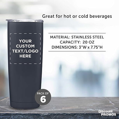 Custom Pipette Stainless Steel Coffee Tumblers 20 oz. Set of 6, Personalized Bulk Pack - Double Wall, Perfect for Coffee, Hot Cocoa, Other Hot & Cold Beverages - Charcoal