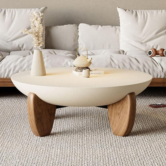 homary Round Concrete Coffee Table with Premium Walnut Ash Wood Legs, Modern Minimalist Cement Finish Center Table for Living Room (Beige, 37.4" W x 37.4" D x 14.4" H)