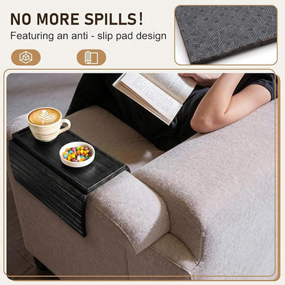 Black Acacia Wood Couch Armrest Table, Couch Arm Tray, Foldable Anti-Slip Bamboo Couch Tray, Sofa Cup Holder for Drink Snacks Remote Control