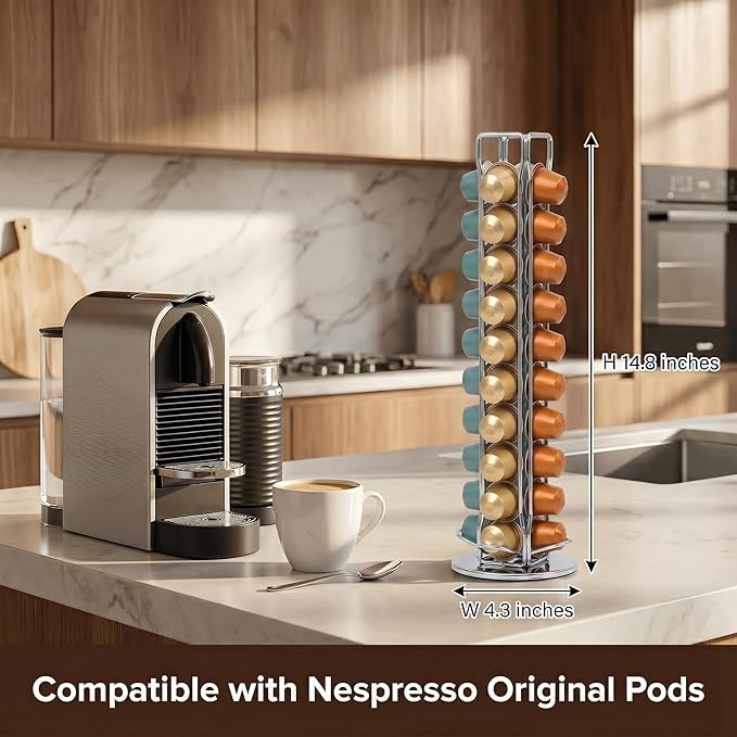 Rotating Coffee Pod Holder for Nespresso OriginalLine, 360° Swivel Coffee Capsule Carousel Storage Organizer for 40 Capsules, Compact Vertical Nespresso Capsule Stand Fits Countertop & Coffee Bar, Silver