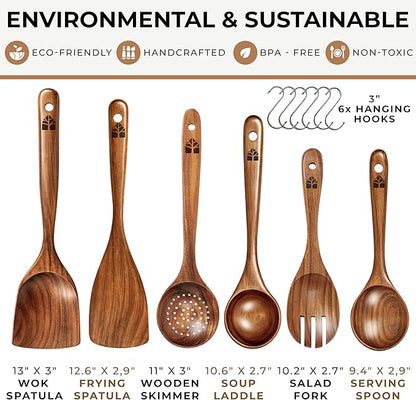 Wooden Spoons for Cooking – 6 Pcs Premium Teak Wooden Utensil Set with Hooks - Durable, Nonstick Safe, Easy to Clean & Heat Resistant with Ergonomic Handles