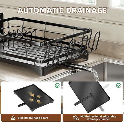 Simple Trending Dish Drying Rack for Kitchen Counter, Stainless Steel Dish Rack, Large Dish Drainer Organizer with Cutlery Holder & Cup Holders, Black