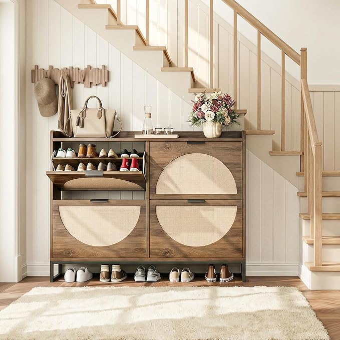 Shoe Storage Cabinet for Entryway Wooden Rattan Shoe Cabinet with 4 Flip Drawers Long Hidden Shoes Cabinet Storage with Metal Legs Narrow Shoe Rack Cabinet Shoes Organizer Cabinet for Hallway Oak