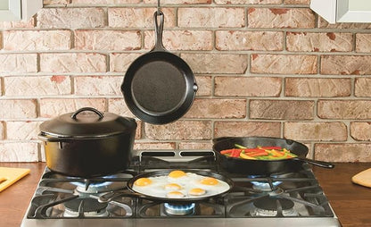 Lodge 7-Quart Cast Iron Dutch Oven – Made in USA, Pre-Seasoned, PFAS-Free & Non-Toxic, Heat-Treated, Induction Compatible, Self-Basting Lid, Durable Multi-Use Cooking Pot for Oven to Table