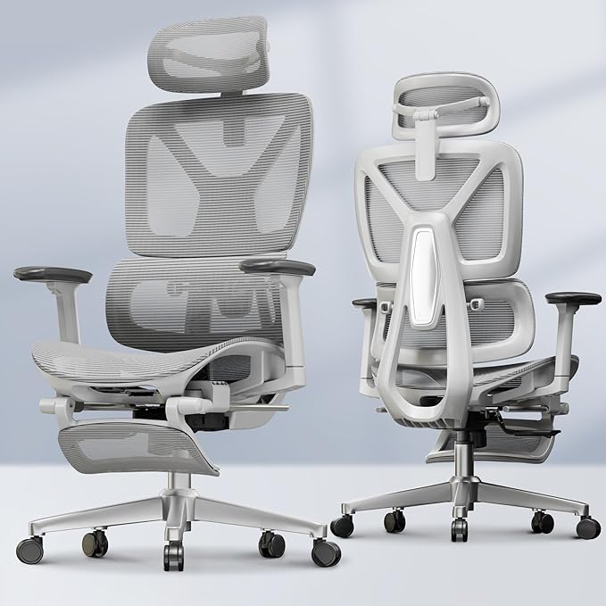 FLEXISPOT ErgoX Premium Ergonomic Office Chair with Footrest- Adjustable 3D Armrests, Dynamic Lumbar Support, Recline & Tilt Function, Mesh Seat, for Home & Office Use,Light Grey