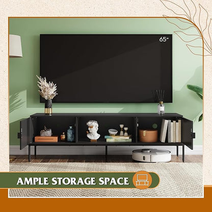 WLIVE 58" TV Stand for 65 Inch TVs, Mid Century Modern Entertainment Center with 2 Storage Cabinets & Open Shelf, Media Console Table with Metal Legs for Living Room, Bedroom, Black