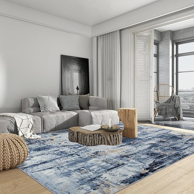 9x12 Area Rugs Washable Rug: Modern Abstract Living Room Rug Soft Anti-Skid Thin Carpet Indoor Floor Non-Shedding Carpets for Bedroom Dining Room Farmhouse Nursery Home Office Blue Gold
