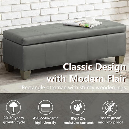 51 Inch Storage Ottoman, Storage Bench with Safety Hinge, Upholstered Synthetic Leather Ottoman Bench for Bedroom, Living Room, Entryway, Hallway, Foot Rest, Support 500lbs