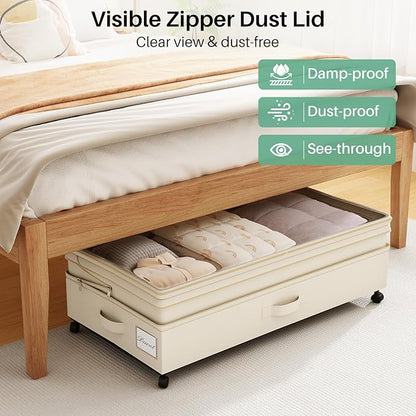 Kitstorack 2Pack Height-adjustable Under Bed Storage with Wheels, Under Bed Storage Containers,Under Bed Shoe Storage Organizer with Clear Window&Label, Suitable for Clothes Storage, Beige