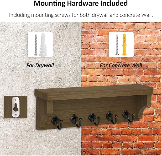 Nekon Key Holder for Wall, 11.8" W x 3.5" H x 2.8" D Decorative Key Organizer with Floating Shelf, Wall Mount Key Rack with 5 Hooks (Rustic Brown)