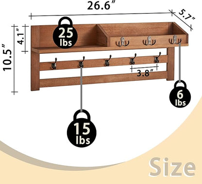 Coat Rack Wall Mount with Shelf - Wooden Entryway Organizer for Hanging Coats, Keys, Hangers - Space Saving Durable Wood Holder for Hallway, Bedroom, Office-The Essential Model
