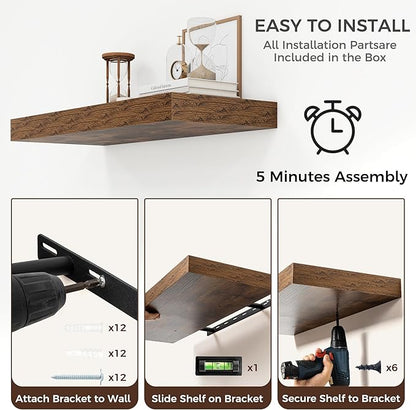 Floating Shelves for Wall, 30" W x 12" D x 2" H, 2 Pack of Long Wall Mounted Engineered Wood Shelves with Invisible Brackets for Living Room, Bedroom, Bathroom, Kitchen Decor, Brown