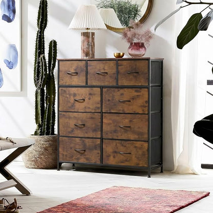 WLIVE 9-Drawer Dresser, Fabric Storage Tower for Bedroom, Hallway, Entryway, Closet, Tall Chest Organizer Unit with Fabric Bins, Steel Frame, Wood Top, Easy Pull Handle, Rustic Brown Wood Grain Print