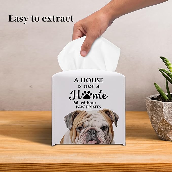 Grace Yonks Cute Bulldog Tissue Box Cover Square, Bulldog Dog Cube Case for Facial Tissues, 5.2" PU Leather(030)