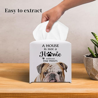 Grace Yonks Cute Bulldog Tissue Box Cover Square, Bulldog Dog Cube Case for Facial Tissues, 5.2" PU Leather(030)
