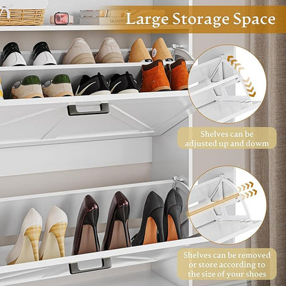 Shoe Cabinet with 2 Flip Drawers, 45" Freestanding Narrow Wood Shoe Storage Cabinet with Metal Legs and Hooks, Slim Shoe Rack Organizer for Entryway, Hallway, White