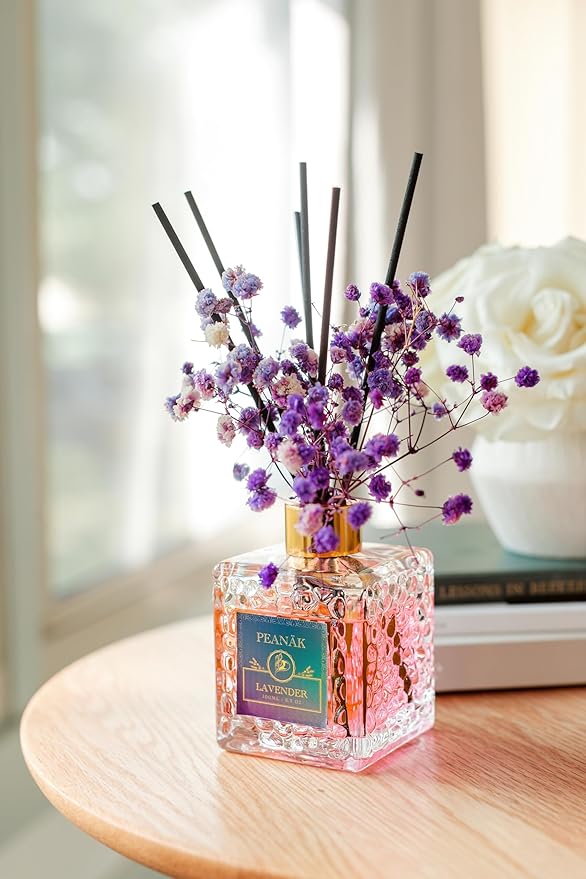 PEANÄK Lavender Reed Diffuser Set with Real Preserved Flowers - 6.7oz Long Lasting Essential Oil Scent for Home, Bathroom & Office Decor