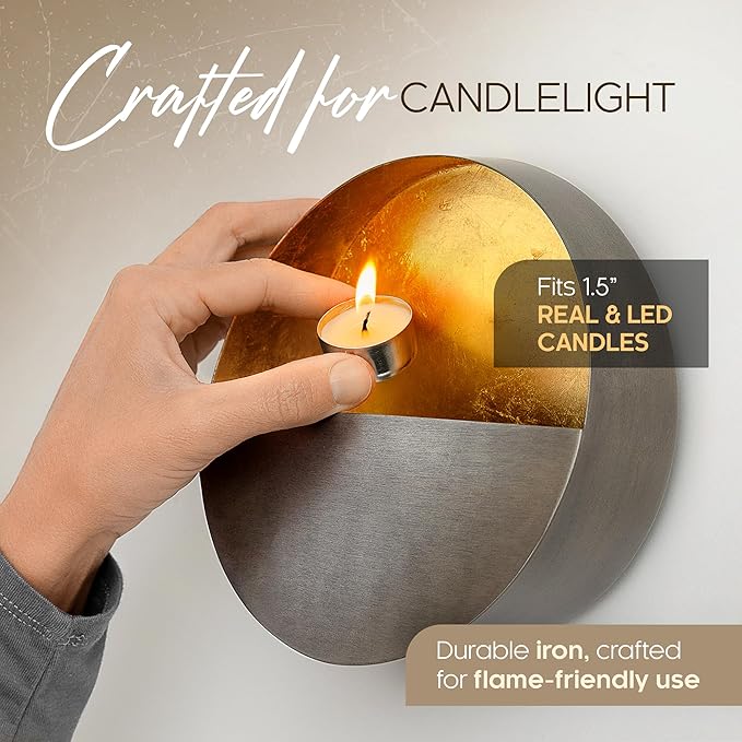 NativeSkins Eclipse Metal Wall Candle Sconces Set of Two Wall Candle Holders - Set of 2 Handcrafted Decorative Tea Light Sconce for Living Room Decor Gold Tea Holder