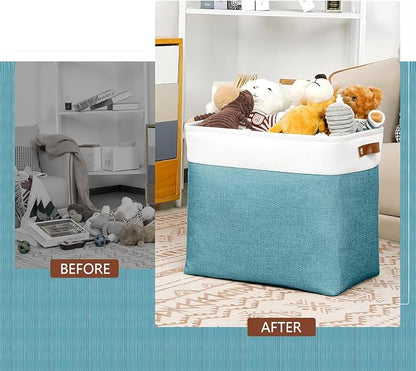 DULLEMELO Extra Large Storage Baskets, Fabric Storage Bins for Organizing Shelves Nursery Toys Books, Closet Baskets and Bins with Handles, White&Teal, 2-Pack