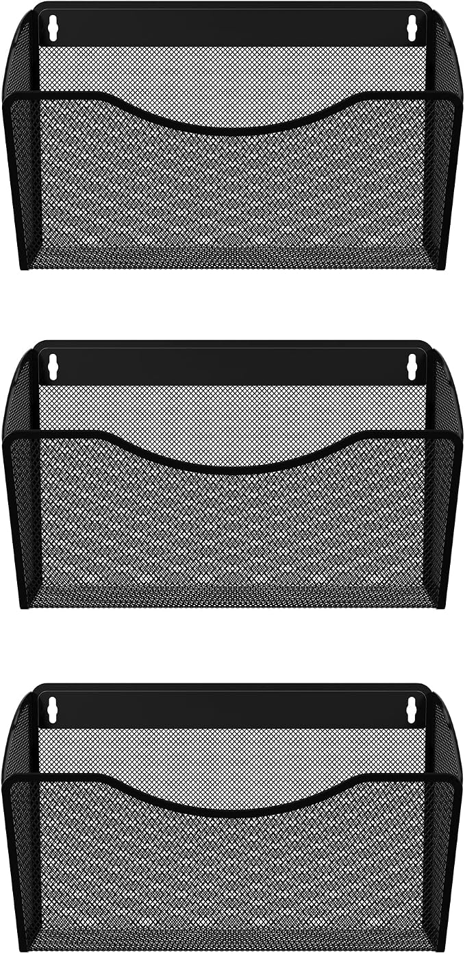 EasyPAG Wall File Organizer 3 Pack, Hanging File Organizer Wall Mount, Metal Mesh Folder Holder for Letter/A4 Papers, Mail Sorter for Office, Classroom, Home, Black