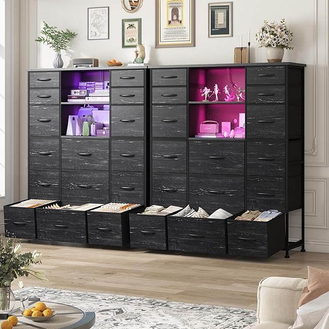EnHomee 51" H Dresser with 15 Drawers Dresser for Bedroom with Charging Station & LED Lights & Hutch Sturdy Black Bedroom Dressers, Steel Frame, Wood Top, 51.2" H x 39.3" W x 11.8" D