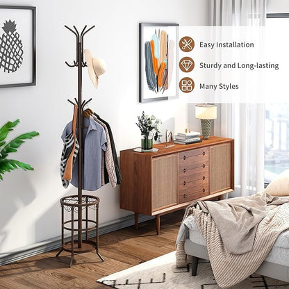 FILWH Coat Rack Freestanding with Umbrella Stand Coat Rack Stand with 12 Hooks Metal Coat Tree Coat and Hat Hanger Jacket Entryway(Brown)