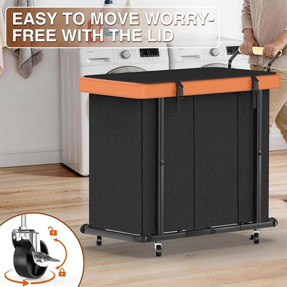 Rolling Laundry Hamper with Wheels, Laundry Hamper 3 Section with Lid, Laundry Basket with Rolling Lockable Wheels and Handle, Laundry Basket Organizer for Laundry Room, Bedroom 230L Black