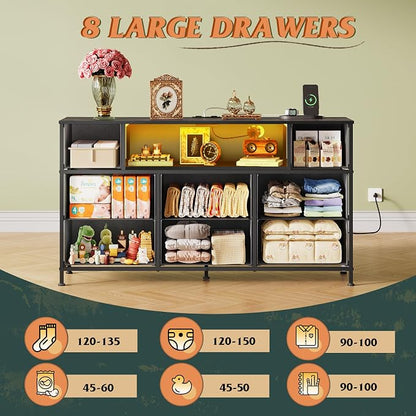 WLIVE Dresser TV Stand for 45, 50, 55 inch TV, Entertainment Center with LED Lights & Charging Station, Chest of Drawers with 8 Fabric Drawers and Open Shelves for Living Room, Hallway, Vintage Green