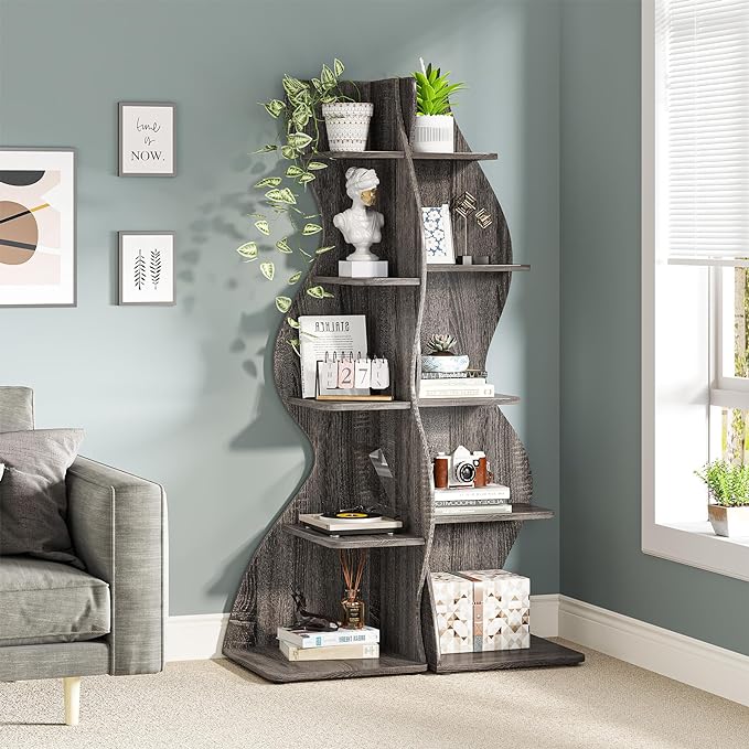 Tribesigns Corner Shelf, Modern 5-Tier Wall Corner Bookshelf, Stylish Corner Small Bookcase Storage Rack Plant Stand with Unique Shape for Living Room, Home Office(Gray, 2PCS)