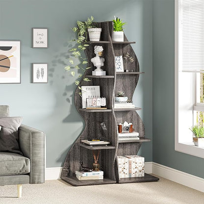 Tribesigns Corner Shelf, Modern 5-Tier Wall Corner Bookshelf, Stylish Corner Small Bookcase Storage Rack Plant Stand with Unique Shape for Living Room, Home Office(Gray, 2PCS)