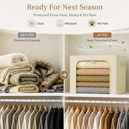 GoMaihe Clothes Storage Bins with Metal Frame, 40L Sweater Storage Boxes for Above Shelf Closet, 4 Pack Stackable Clothing Storage Organizer with Clear Window for Jeans Hoodies T-shirt – Beige