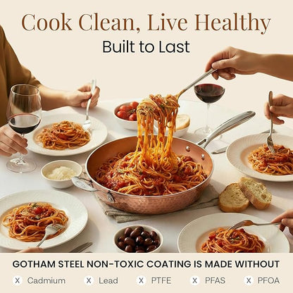 Gotham Steel Hammered Copper 14 Inch Non Stick Frying Pan with Lid, Nonstick Frying Pan with Ceramic Coating and Induction Plate for Even Heating, Oven / Dishwasher Safe, 100% Healthy & Non Toxic