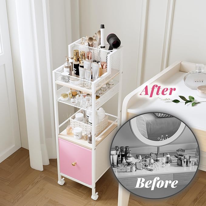 Floor Makeup Organizer Cart, Makeup and Skincare Organizer with Drawers, Bathroom Vanity Organizer, Cosmetics Display Cases Holder for Skin Care Nail Polish Perfume Makeup Brush (Pink)