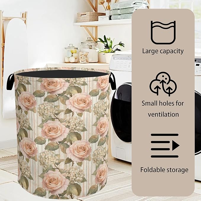 Shabby Chic Rose Laundry Basket - Heavy Duty 60L Dirty Clothes Organizer, Water Resistant Foldable Hamper for Men Women