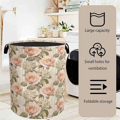 Shabby Chic Rose Laundry Basket - Heavy Duty 60L Dirty Clothes Organizer, Water Resistant Foldable Hamper for Men Women