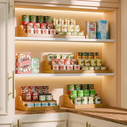Simple Trending Expandable Bamboo Can Rack Organizer for Pantry, 3-Tier Adjustable Can Storage Holder Holds Up to 24 Cans, Canned Goods Storage Display for Cabinet, Countertop