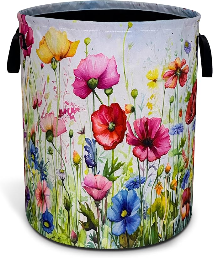 Colorful Flowers Laundry Basket Boho Floral Print Foldable Waterproof Oxford Cloth Funny Tote Bag Laundry Hamper Clothes Storage Bucket Toy Organizer For Bathroom/Laundry Storage/Bedroom 18.9x16.5 In