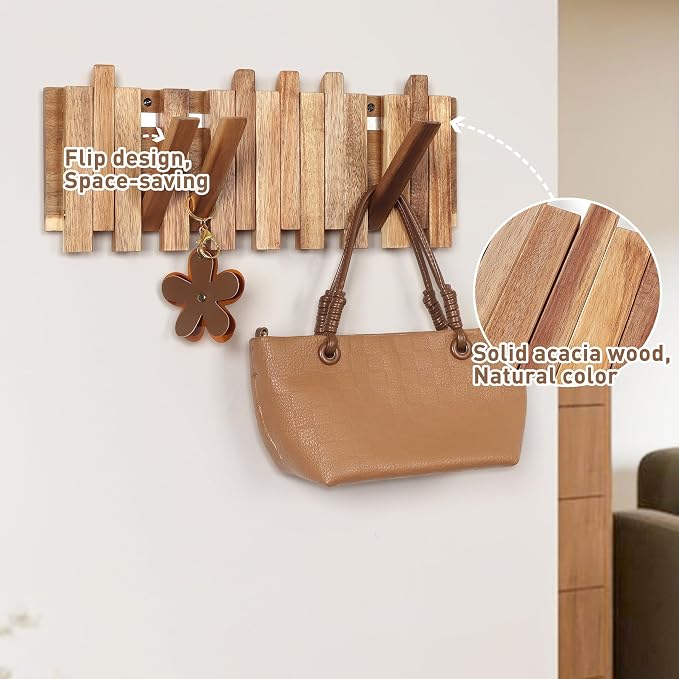 Wall Coat Rack for Entryway: Rustic Wooden Folding 8 Hooks Mount 16.5inch Decorative Piano Hanger for Farmhouse Hallway Bathroom for Towel Backpack Jacket (Staggered Style)