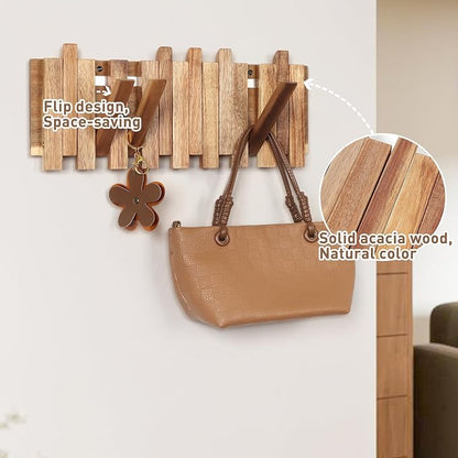 Wall Coat Rack for Entryway: Rustic Wooden Folding 8 Hooks Mount 16.5inch Decorative Piano Hanger for Farmhouse Hallway Bathroom for Towel Backpack Jacket (Staggered Style)