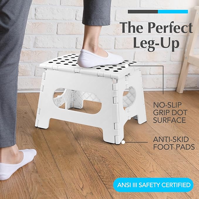 Handy Laundry Folding Lightweight Step Stool - Sturdy Enough to Support Adults - Opens Easy with One Flip - Great for Kitchen, Bathroom or Bedroom (White - 9 Inch)
