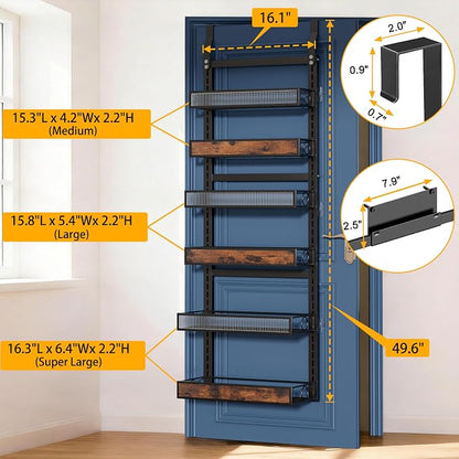 6 Tier Pantry Door Organizer Spice Rack, 2-IN-1 Wall Mount or Hanging Over Door Seasoning Organizer with Adjustable Baskets, Heavy Duty Behind Door Storage Shelves for Pantry, Cabinet and Kitchen