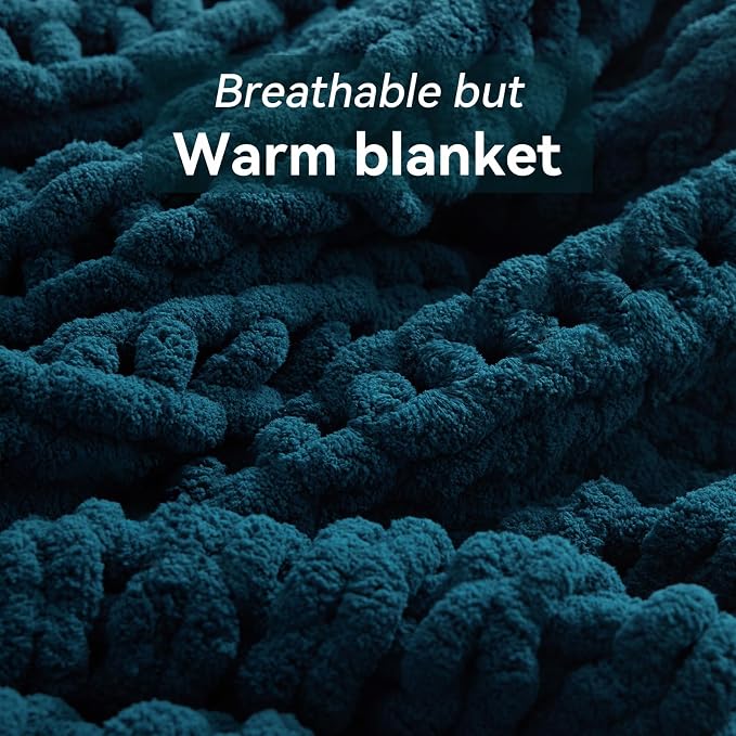 Negwoo Chunky Knit Throw Blanket, 50''*60'' Knitted Throw Chenille Yarn for Bed Couch, Handmade Peacock Blue Crochet Big Thick Blanket, Machine Washable Cute Comfy Blanket for Home Decor