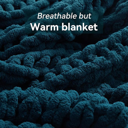 Negwoo Chunky Knit Throw Blanket, 50''*60'' Knitted Throw Chenille Yarn for Bed Couch, Handmade Peacock Blue Crochet Big Thick Blanket, Machine Washable Cute Comfy Blanket for Home Decor