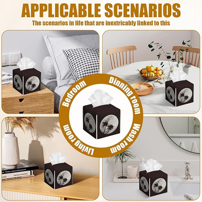 Full Moon Tissue Box Cover 2PCS, Palm Tree Leather Tissue Box Holder Square Facial Paper Case Tissue Box Cube Organizer for Bathroom Bedroom Desk Office